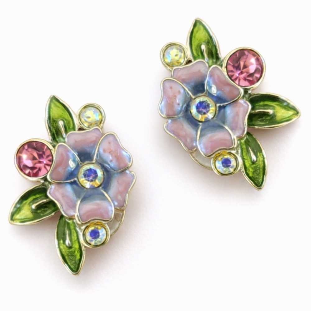 Vintage-Inspired Pink & Green Enamel Floral Rhinestone Stud Earrings
